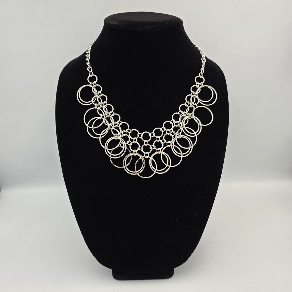 Silver Tone Layered Rings Hoops Circles Collar Statement Modern Necklace 19"